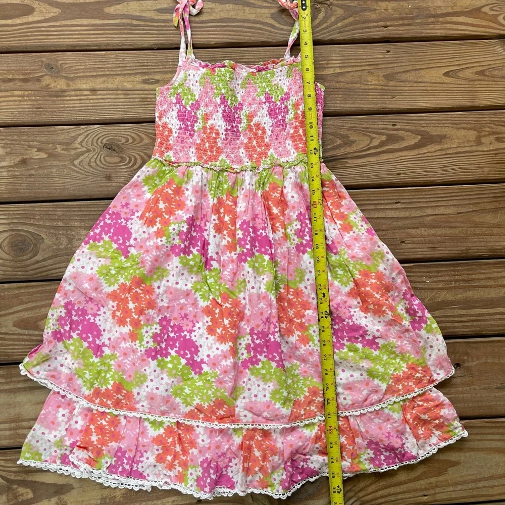 Boden Floral Smocked Dress Pink Green Tiered Sundress Girls 13-14Y